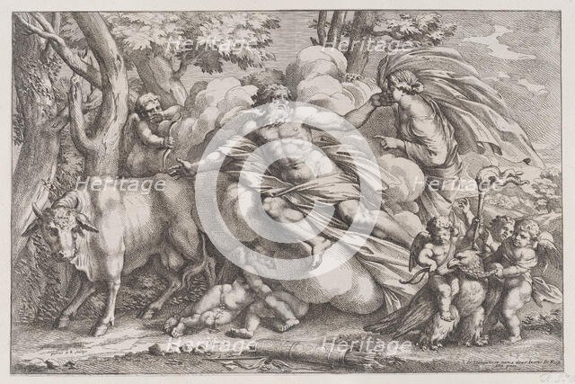 Io at the left as a cow, Jupiter on a cloud in the centre and Juno at the right with pu..., 1650-90. Creator: Pietro Santi Bartoli.