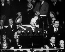 President Herbert Hoover Addressing Masses of His Supporters in a Large Conference Centre, 1932. Creator: British Pathe Ltd.