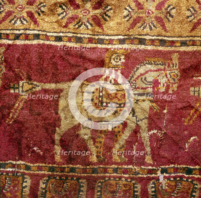 Carpet detail, Man and Horse, from Tomb at Pazyryk, Altai, USSR, 5th century BC-4th century BC Artist: Unknown.
