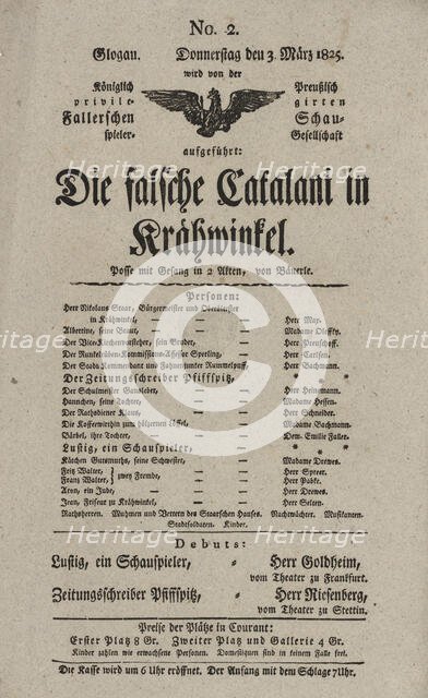 Theater playbill for "Die falsche Catalani in Krähwinkel," presented by the Königlich..., c1825. Creator: Adolf Bauerle.