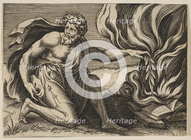 A man kneeling and placing a laurel branch upon a pile of burning books, ca. 1515-27. Creator: Marco Dente.