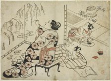 Courtesan Painting a Screen, from a series of 12 erotic prints, c. 1711. Creator: Torii Kiyonobu I.