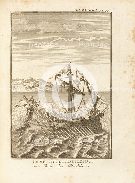 Corvus (boarding drawbridge) of Gaius Duilius. Illustration from The Histories by Polybius, 1759-60. Creator: Anonymous ().