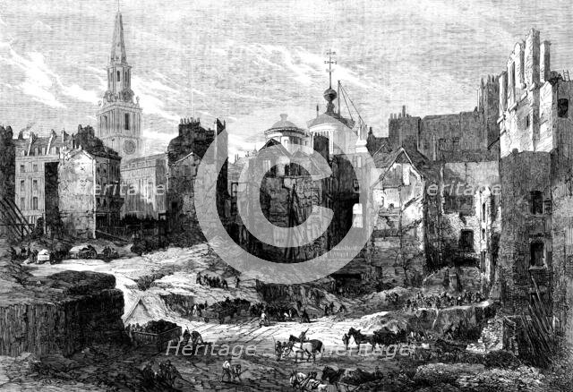 Demolition of Hungerford Market: view looking towards the Strand, 1862.  Creator: Mason Jackson.