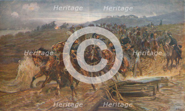 'French Artillery Crossing the River Aisne, September, 1914', 1915 (1928). Artist: John Charlton.