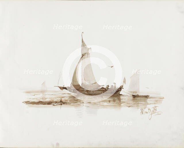 Sailing ship with figures on the water, 1830-1860. Creator: Albertus van Beest.