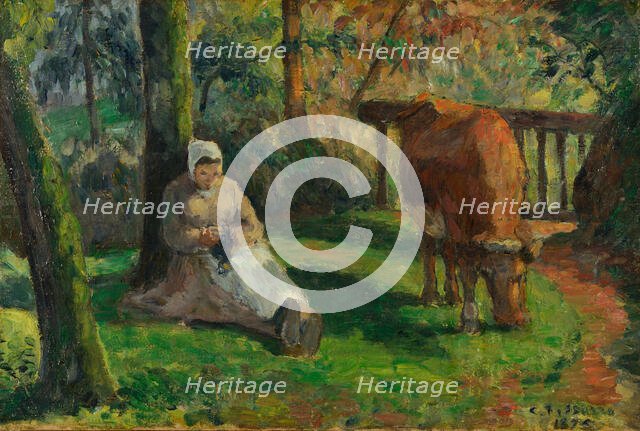 Peasant Woman and Cow, Montfoucault, 1875. Creator: Pissarro, Camille (1830-1903).