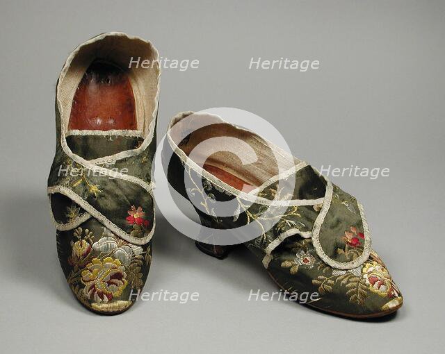 Pair of woman’s shoes with straps for shoe buckles, England, c.1770. Creator: Unknown.