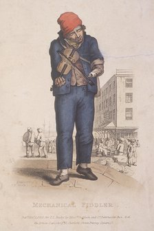 Fiddler with a prosthetic arm, with a market in the background, 1820. Artist: Thomas Lord Busby