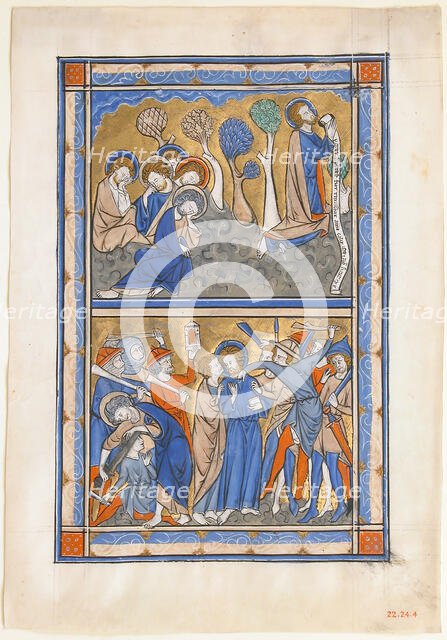 Manuscript Leaf with the Agony in the Garden and Betrayal of Christ, from a Royal Psalter, ca. 1270. Creator: Unknown.