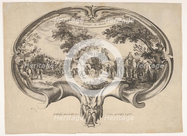 The Triumph of David, from a fan by Jacques Callot. Creators: Charles-Nicolas Cochin, Balthazar Moncornet.