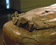 Sarcophagus of the Spouses, made in Etruscan terracotta, detail of feet and footwear.