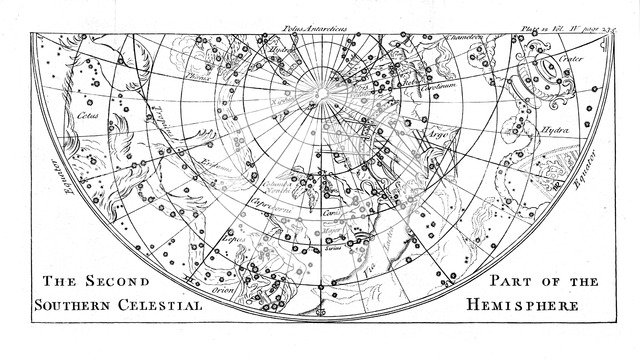 Second part of the star chart of the Southern Celestial Hemisphere showing constellations, 1747. Artist: Unknown