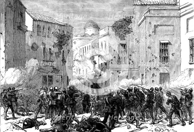 Civil War in Spain: attack of Civil Guard on the Puerta de Carmona, Seville, 1873. Creator: Unknown.