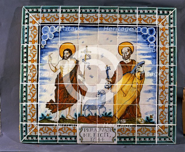 Catalan ceramics ceiling of the 18th century representing Saint Jean and Saint Peter. Set of poly…