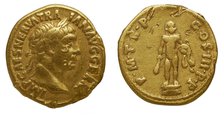 Aureus of Trajan. Obverse: Laurel head of Trajan on the right. Reverse: Statue of Hercules naked. Creator: Numismatic, Ancient Coins  .