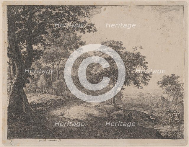 A Man and a Woman Crossing a Stream, 17th century. Creator: Anthonie Waterloo.