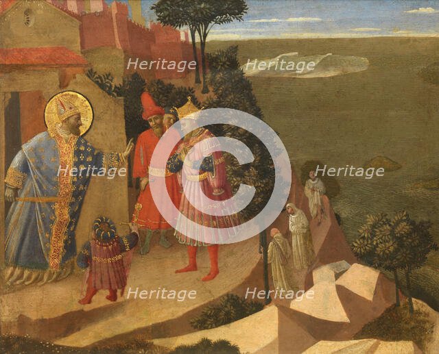 Saint Romuald Forbidding Entry to the Monastery to Emperor Otto III, ca 1430-1435. Creator: Angelico, Fra Giovanni, da Fiesole (ca. 1400-1455).