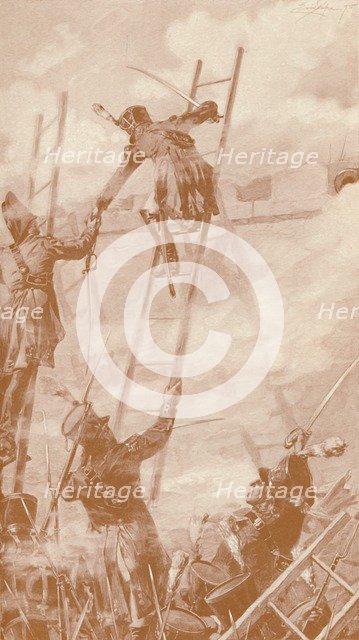'Marbot and Labédoyère Scaling the Wall at Ratisbon', 1809, (1896). Artist: Unknown.