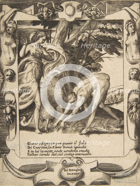 Juno sending famine against Crasiton, set within an elaborate frame, from 'Loves, Rages..., 1531-76. Creator: Giulio Bonasone.