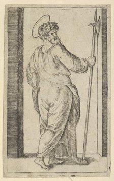 Saint Jude, holding a halberd in his right hand, from the series 'Piccoli Santi' ..., ca. 1500-1527. Creator: Marcantonio Raimondi.