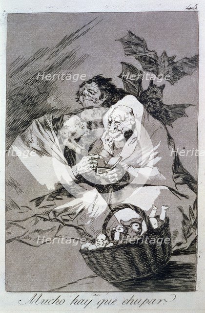 Los Caprichos, series of etchings by Francisco de Goya (1746-1828), plate 45: 'Mucho hay que chup…