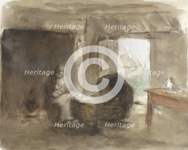 Woman with child near a cradle, 1854-1914. Creator: Albert Neuhuys.