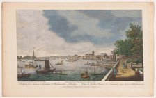 View of Westminster Bridge over the River Thames in London, seen from the garden of Somer..., 1750. Creator: John Miller.