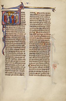 Initial E: Four Men and a Family Transacting the Sale of a House; Vidal Mayor, about 1290-1310. Creator: Unknown.