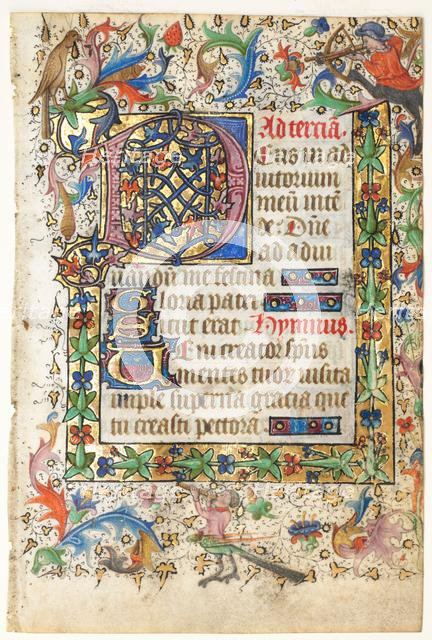 Leaf from a Book of Hours: Decorated Initial D[eus] with Foliated Border..., 1430s. Creator: Master of Guillebert de Mets (Flemish); Workshop, and.