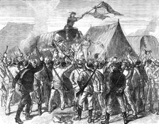 Transvaal War: hoisting the Republican flag in the Boer camp after the declaration of peace, 1881. Creator: C. R..