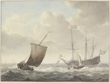 Running sea with ships, yellow flag with a golden lion. Creator: Martinus Schouman.