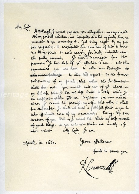 Letter from Richard Cromwell, Lord Protector, to General George Monck, 18th April 1660.Artist: Richard Cromwell