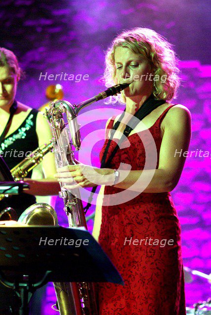 Karen Sharp, British tenor saxophonist, Brecon, 2009. Artist: Brian O'Connor.