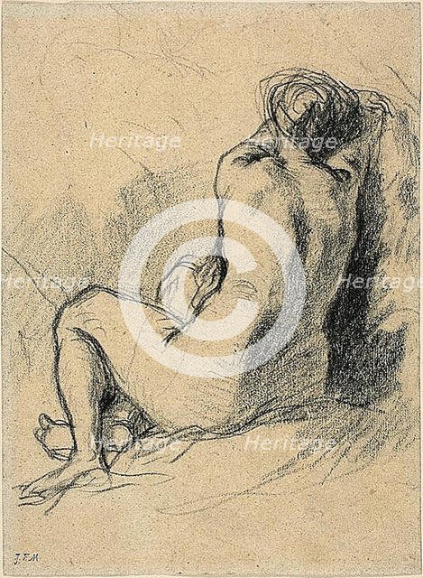 Study: Nude Woman Seen from the Back (recto) Sketches of Peasants Working (verso), c. 1846. Creator: Jean Francois Millet.