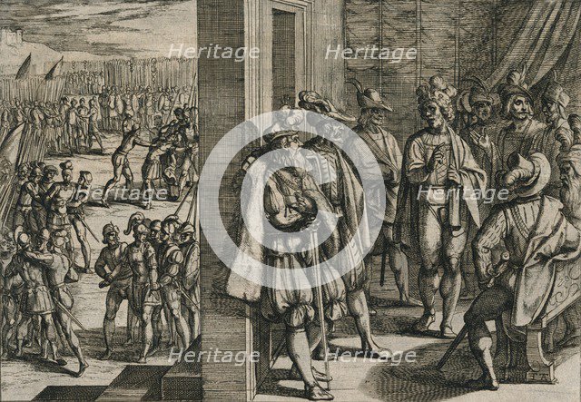 'Civilis, Tutor, Classicus, ende andere Triersche comen t'samen secretelyck in een borghers huys bin Artist: Antonio Tempesta.