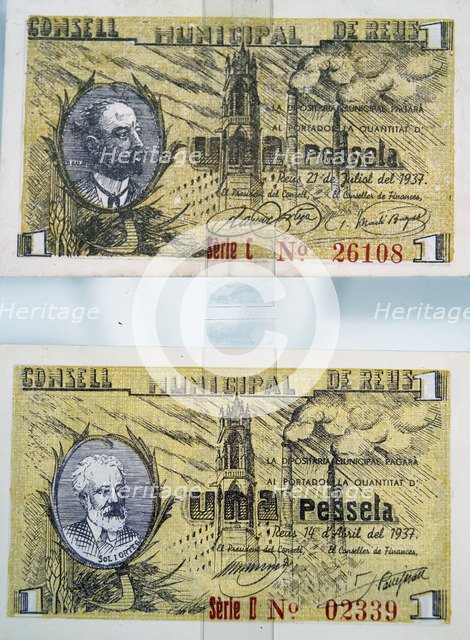 Banknotes issued by the city of Reus in April 1937 during the Spanish Civil War (1936-1939).