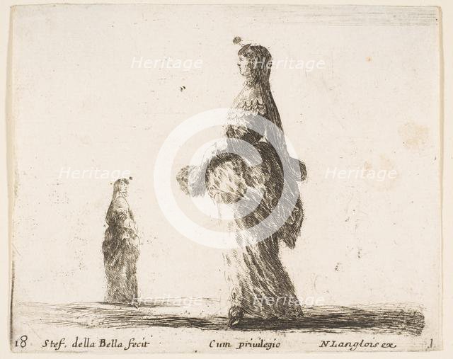 Plate 18: a noblewoman walking towards the left with a feathered fan, another woman..., ca. 1644-47. Creator: Stefano della Bella.