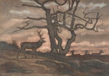 Deer and Tree Against Sunset, 1810-75. Creator: Antoine-Louis Barye.