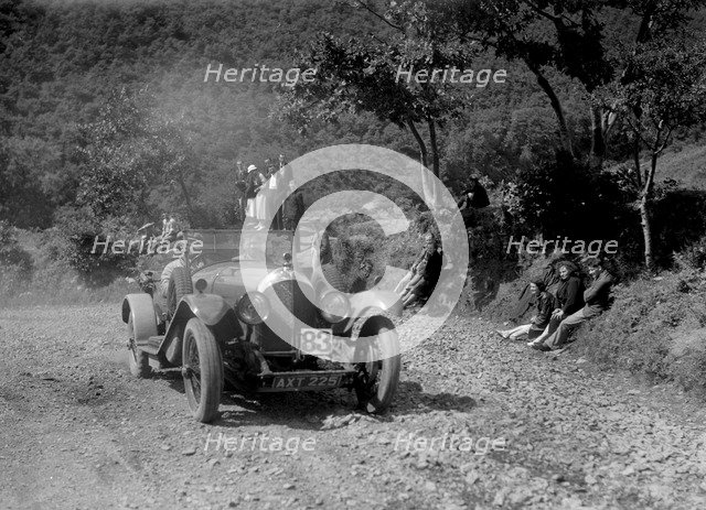 Bentley open 4-seater of FE Elgood competing in the Mid Surrey AC Barnstaple Trial, 1934. Artist: Bill Brunell.