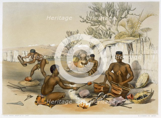 Zulu blacksmiths at work, 1849. Artist: George French Angas
