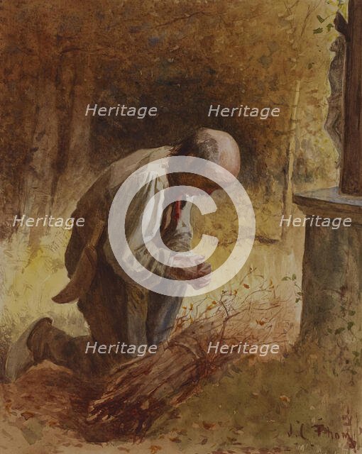 Woodcutter Kneeling before a Forest Shrine, c1865. Creator: James Crawford Thom.