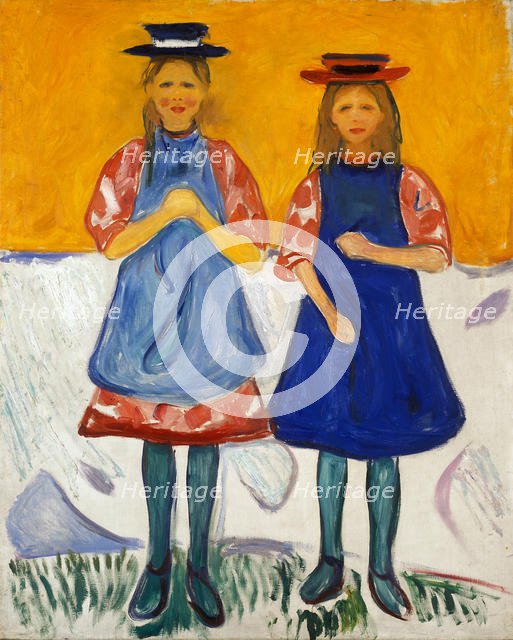 Two Little Girls with Blue Aprons. Artist: Munch, Edvard (1863-1944)
