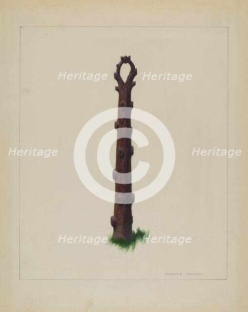 Tree Trunk Hitching Post, c. 1937. Creator: Richard Correll.