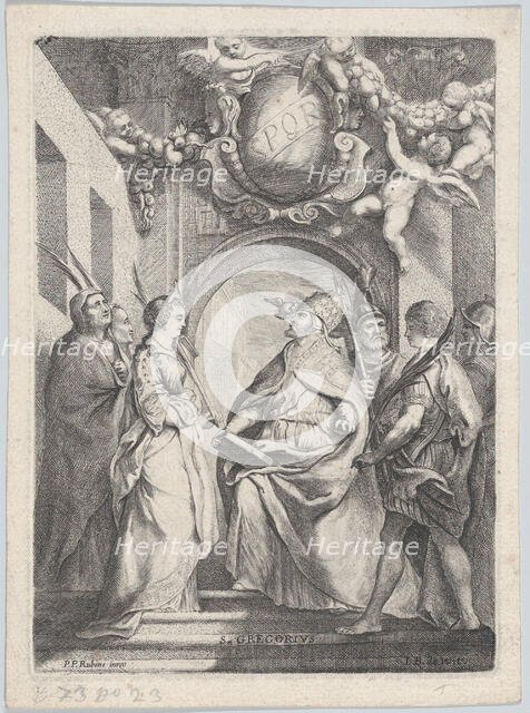 Saint Gregory surrounded by other saints, in front of an archway with putti holding..., ca. 1711-54. Creator: Jacob de Wit.