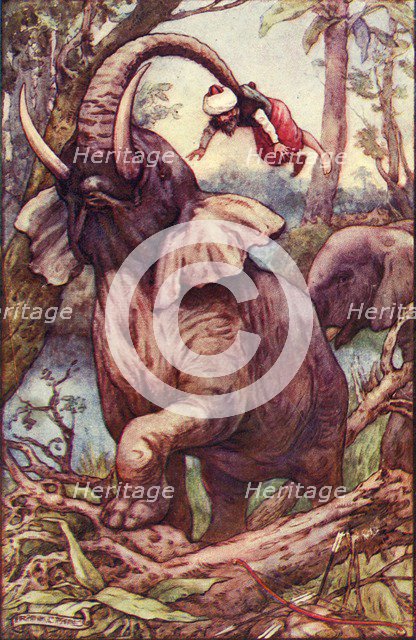 'The animal took me up with his trunk, and placed me on his shoulders', c1930. Creator: Frank C. Pape.