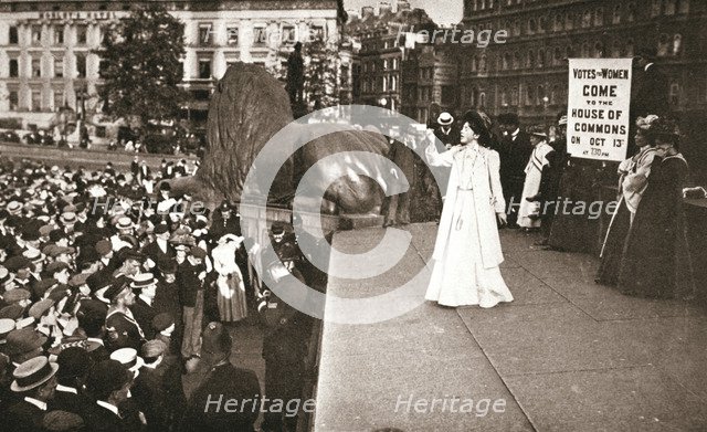 Christabel Pankhurst, British suffragette, addressing a crowd in Trafalgar Square, London, 1908. Artist: Unknown