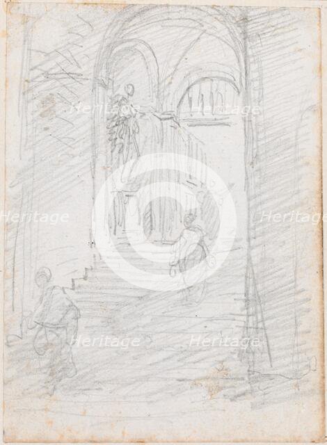 Figures on a Monumental Interior Stairway [recto], probably c. 1754/1765. Creator: Hubert Robert.
