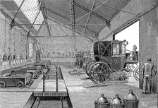 Depot where electrically driven Paris cabs were fitted with freshly charged batteries, 1899. Artist: Unknown