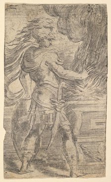 Mutius Scaevola placing his hand in the flames (left half of a composition, whose righ..., ca. 1540. Creator: Andrea Schiavone.